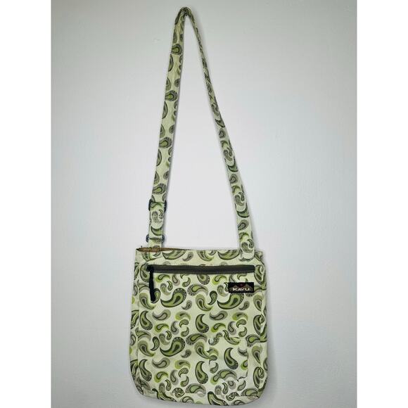 KAVU Green Floral Canvas Zip Up Pockets Adjustable Corssbody Hand Bag - Picture 1 of 11